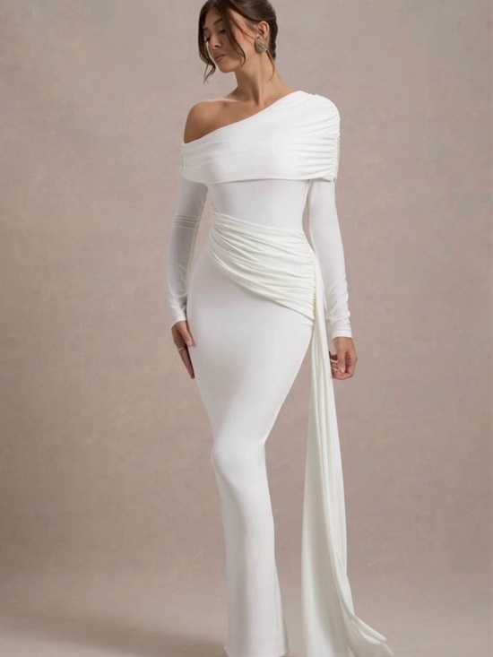 Dresses & Skirts - Elegant One-Shoulder White Ruched Evening Dress
